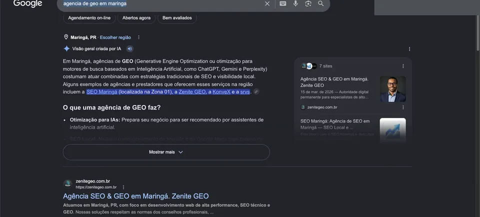 Resultado da busca no Google por agência de GEO em Maringá, com Visão Geral de IA citando Zenite GEO e SEO Maringá, e Zenite GEO como primeiro resultado orgânico