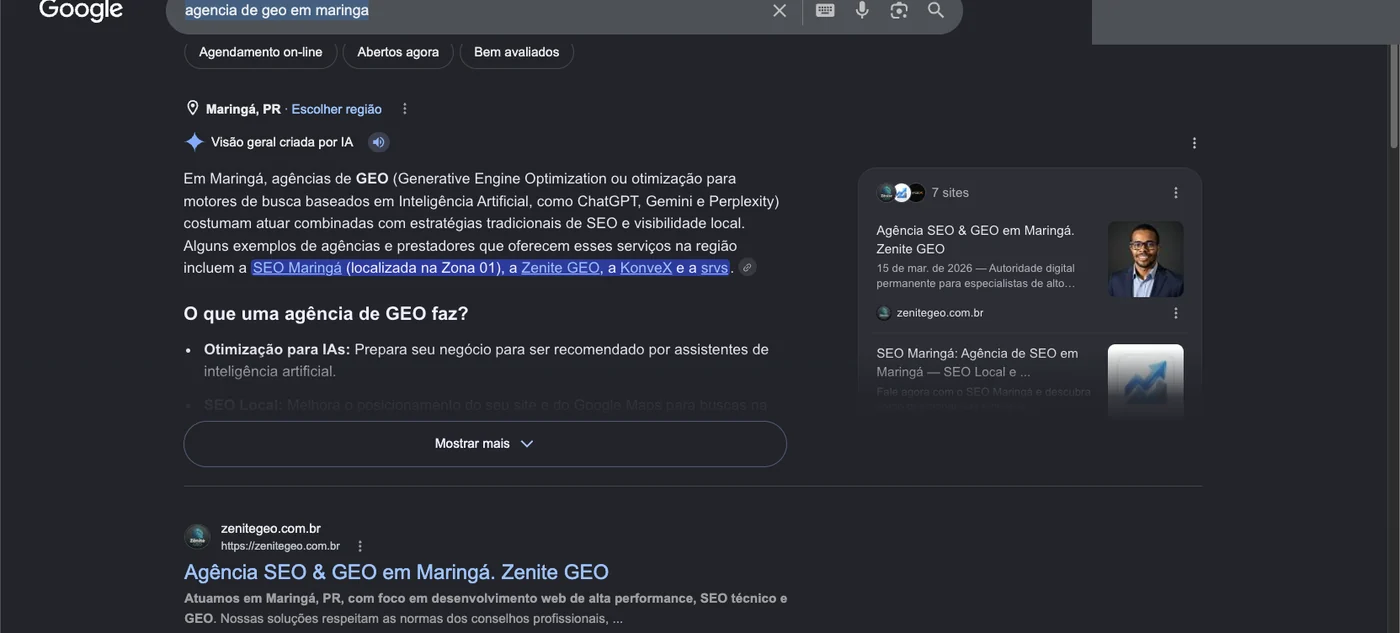 Resultado da busca no Google por agência de GEO em Maringá, com Visão Geral de IA citando Zenite GEO e SEO Maringá, e Zenite GEO como primeiro resultado orgânico